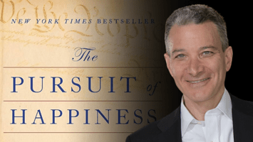 An image of author Jeffrey Rosen superimposed on the cover of his book, The Pursuit of Happiness