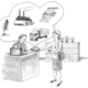 An illustration of a woman purchasing a book. Pointing to the book, a bubble contains illustrations of some of the inputs that went into making the book, both raw materials and processes.