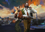 Painting/art: Two figures holding guns stand shoulder-to-shoulder in front of a cityscape. 