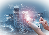 Two hands are holding a smartphone, with digital icons overlaid on the picture. 
