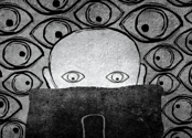 A black and white drawing of a person looking at a computer screen. Eyes float in the background, looking over the person's shoulder.