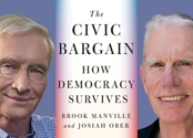 Image of Brook Manville and Josiah Ober next to their book, The Civic Bargain.