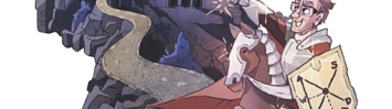 A cartoon of a man on a horse, holding a sword up in the air, in front of a castle. 