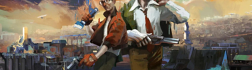 Painting/art: Two figures holding guns stand shoulder-to-shoulder in front of a cityscape. 
