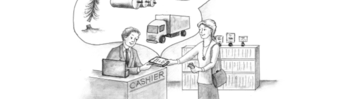 An illustration of a woman purchasing a book. Pointing to the book, a bubble contains illustrations of some of the inputs that went into making the book, both raw materials and processes.