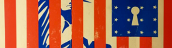 The cover of A Libery Primer, featuring the Statue of Liberty locked behind bars made out of elements of the American flag and the book's title superimposed on a skeleton key.