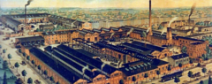 A factory set in a 19th century urban environment.