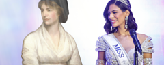 A portrait of Mary Wollstonecraft next to a photo of Sheynnis Palacios in her Miss Universe sash and tiara.