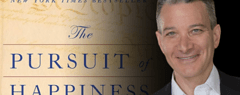 An image of author Jeffrey Rosen superimposed on the cover of his book, The Pursuit of Happiness