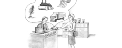 An illustration of a woman purchasing a book. Pointing to the book, a bubble contains illustrations of some of the inputs that went into making the book, both raw materials and processes.